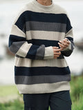 kkboxly  Men's Stylish Color Matching Knitted Pullover, Casual Breathable Long Sleeve Crew Neck Top For City Walk Street Hanging Outdoor Activities