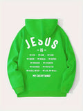 kkboxly  Men's Jesus Is My Everything Print Hoodie With Assorted Colors, Casual Slightly Stretch Drawstring Long Sleeves Hooded Sweatshirt, Men's Clothing