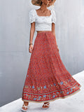 kkboxly  Boho Ditsy Floral Print High Waist Skirt, Boho Pleated Drawstring A Line Skirt, Women's Clothing