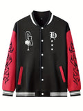 kkboxly  Warm Letter Print Star Pattern Embroidery Varsity Jacket, Men's Casual Color Block Button Up Jacket For Spring Fall School Baseball