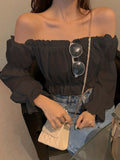 Off Shoulder Ruffle Trim Blouse, Long Sleeve Casual Crop Top, Women's Clothing