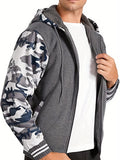 kkboxly  Color Block Camo Men's Hooded Jacket Fleece Lined Casual Long Sleeve Sherpa Lined Hoodies With Zipper Hooded Coat For Autumn Winter
