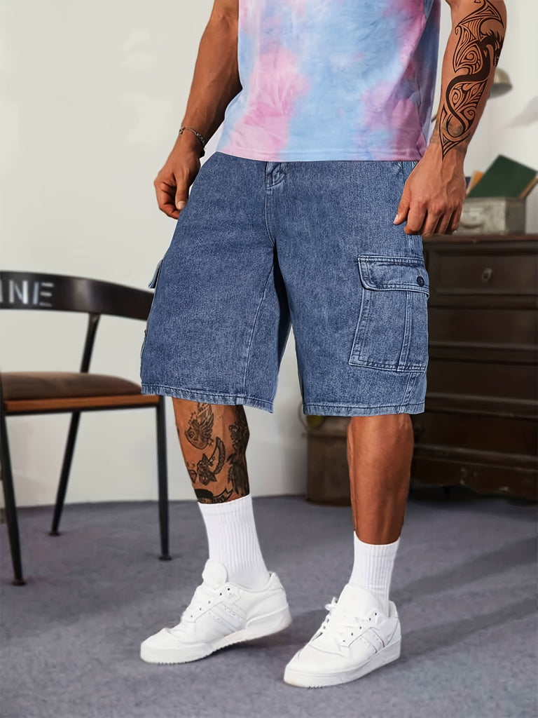 kkboxly  Classic Design Big Pockets Denim Shorts, Men's Casual Street Style Denim Shorts For Summer