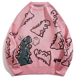 kkboxly  Cute Cartoon Dinosaur Pattern Knitted Sweater, Men's Casual Warm Slightly Stretch Round Neck Pullover Sweater For Fall Winter
