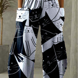 kkboxly  Women's Pants Mid Waist Cat Print Pocket Long Length Pants