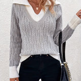 kkboxly  Color Block Cable Knit Pullover Sweater, Casual V Neck Long Sleeve Sweater, Women's Clothing