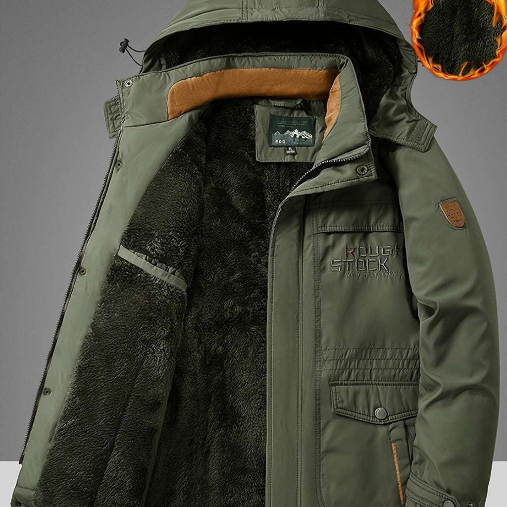 kkboxly Warm Fleece Windbreaker Hooded Jacket, Men's Casual Zip Up Jacket Coat For Fall Winter Outdoor Activities