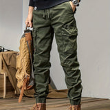 kkboxly  Trendy Solid Cargo Cotton Pants, Men's Multi Flap Pocket Trousers, Loose Casual Outdoor Pants, Men's Work Pants Outdoors Streetwear Hip Hop Style