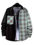 Men's Casual Cotton Stitch Plaid Button Up Shirt With Chest Pocket, Male Clothes For Spring And Fall