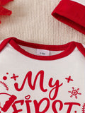 Baby's "My First Christmas " Print Casual Long Sleeve Romper & Hat, Toddler & Infant Boy's Bodysuit  For Fall & Winter Outdoors