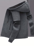 Men's Striped Fleece Hooded Cardigan, Casual Slightly Stretch Breathable Zip Up Thermal Jacket For Fall Winter Outdoor