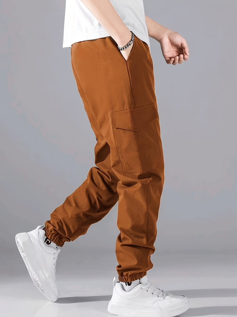kkboxly  Trendy Solid Cargo Pants, Men's Multi Flap Pocket Drawstring Trousers, Loose Casual Outdoor Pants, Men's Work Pants Outdoors Streetwear Hip Hop Style
