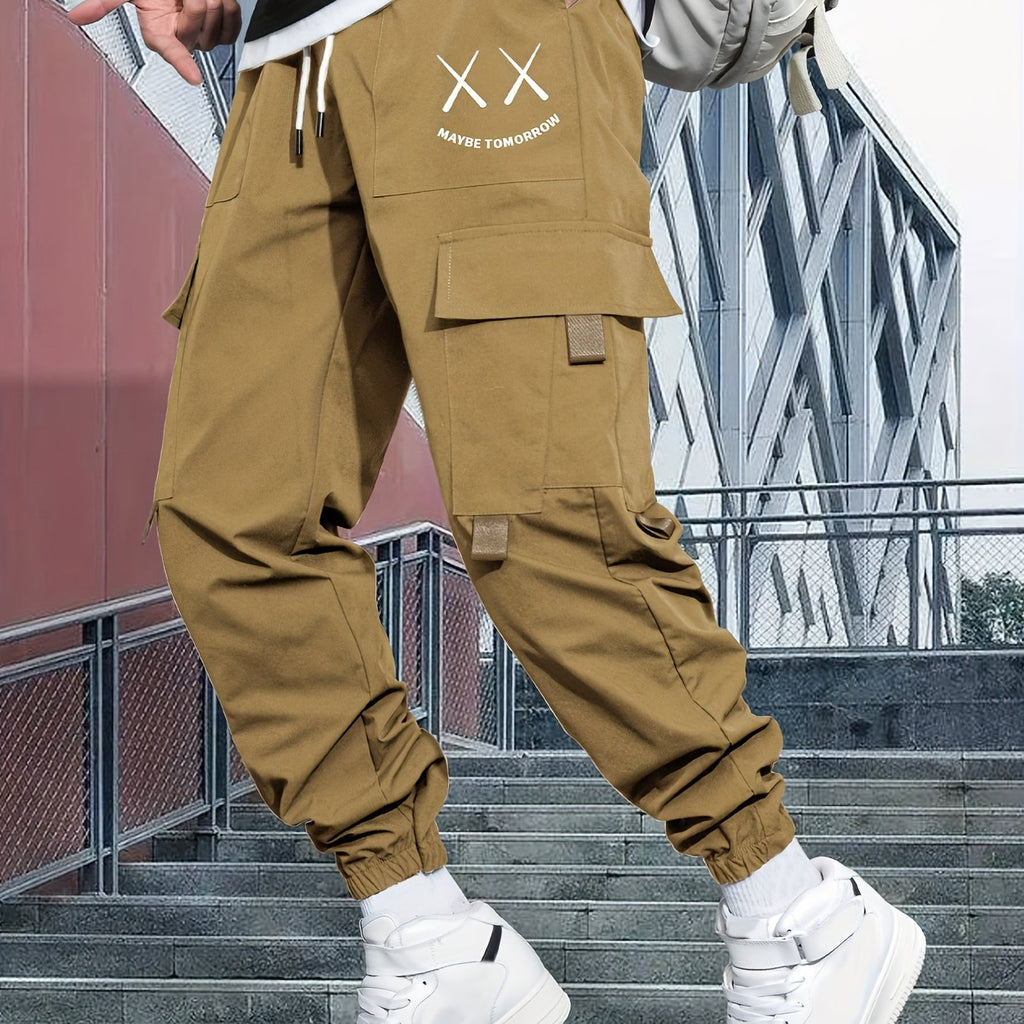 Classic Design Multi Flap Pockets Cargo Pants, Men's Casual Loose Fit Drawstring Cross Eyes Smile Print Cargo Pants Drawstring Joggers For Spring Summer Outdoor