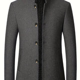 kkboxly  Warm Wool Blend Jacket Coat, Men's Casual Stand Collar One Breasted Jacket For Fall Winter, Father's Gift