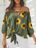 kkboxly  Plus Size Elegant Top, Women's Plus Sunflower Print Off Shoulder Drawstring Lantern Sleeve Cut Out Top