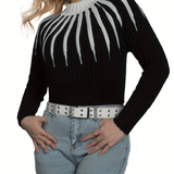 Color Block Knit Sweater, Casual High Neck Long Sleeve Ribbed Sweater, Women's Clothing