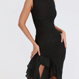 kkboxly  Backless Ruffle Hem Dress, Sexy Solid Bodycon Ruched Dress, Women's Clothing