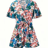 kkboxly  Boho Floral Print Belted Jumpsuit, Flutter Sleeve Deep V Neck Casual Jumpsuit For Summer & Spring, Women's Clothing