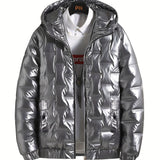 kkboxly  Men's Casual Warm Padded Jacket, Zip Up Hooded Warm Thick Glossy Coat For Fall Winter