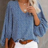 kkboxly  Floral Print Lantern Sleeve Blouse, Casual V Neck Long Sleeve Blouse For Spring & Fall, Women's Clothing