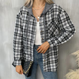 kkboxly  Hooded Plaid Print Blouse, Casual Button Front Drawstring Long Sleeve Blouse, Women's Clothing