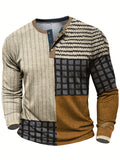 kkboxly  Vintage Color Block Pattern Men's Casual Long Sleeve Round Neck Henley Shirt, Spring Fall Outdoor