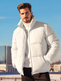 kkboxly  Men's Classic Solid Padded Jacket, Men Casual Padded Coat Windbreaker Zipper Stand Collar For Men Winter