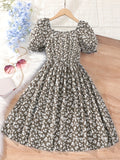 kkboxly  Girls Ditsy Floral Print Square Neck Elastic Waist Casual Dress For Summer Outfit