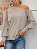 kkboxly  Solid Color Off Shoulder Long Sleeve With Buttons Tops, Sexy Blouses For Fall Winter, Women's Clothing