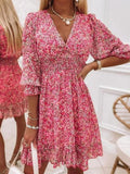 Kkboxly  Women's Dresses Puff Sleeve Floral Print Ruched Waist V-Neck Boho Dresses