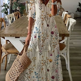 Kkboxly  Ikat Print Drawstring Dress, Boho Ruffle Trim V Neck Half Sleeve Summer Dress, Women's Clothing
