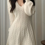kkboxly  Cable Knit Sweater Dress, Casual V Neck Long Sleeve Dress, Women's Clothing