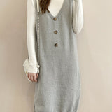 kkboxly  Solid Button Decor V Neck Knitted Dress, Elegant Sleeveless Tank Dress For Fall & Winter, Women's Clothing
