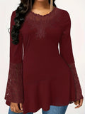 Solid Contrast Lace Crew Neck Asymmetrical Hem T-shirt, Elegant Long Flare Sleeve T-shirt, Women's Clothing