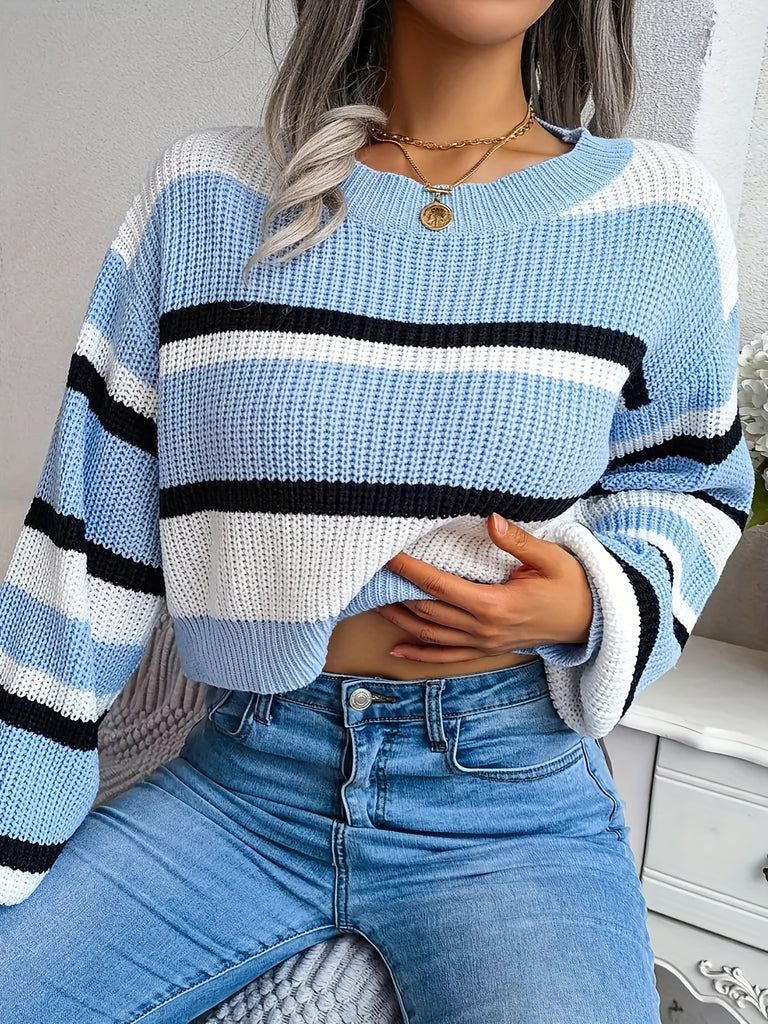 Striped Crew Neck Crop Sweater, Casual Long Sleeve Sweater For Spring & Fall, Women's Clothing