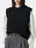 Solid Chunky Knitted Sweater Vest, Vintage Crew Neck Sweater Vest For Fall & Winter, Women's Clothing