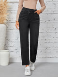 kkboxly  Stepped Waist Plain Straight Leg Jeans, Casual Slash Pocket Asymmetric Denim Pants, Women's Denim Jeans & Clothing