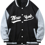 kkboxly  Men's "NEW YORK" Print Fleece Lightweight Varsity Jackets, Trendy Color Block Baseball Jacket, Thermal Outerwear Men's Clothes Fall Winter
