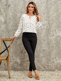 kkboxly  Floral Print Keyhole Blouse, Elegant Tucked Crew Neck Long Sleeve Blouse, Women's Clothing