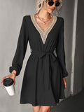 kkboxly  Women's Dresses V Neck Long Sleeve Lace Ruffles Waist Regular Hem Party Dresses