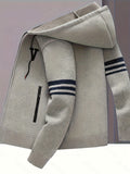 Men's Striped Fleece Hooded Cardigan, Casual Slightly Stretch Breathable Zip Up Thermal Jacket For Fall Winter Outdoor