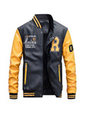 kkboxly Men's Casual Pockets "R" Print Zipper Long Sleeves Baseball Collar PULeather Jacket