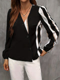 kkboxly Striped Print Contrast Blouse, Casual Button Front Long Sleeve Blouse, Women's Clothing