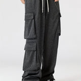kkboxly  Solid Loose Men's Cargo Style Drawstring Casual Pants With Multiple Pockets For Spring Fall Outdoor