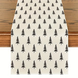 Christmas Tree Linen Table Runner - Woven Rectangular Holiday Table Decoration, Solid Beige with Tree Design, 100% Linen Christmas Dining Decor for Home & Party - 1pc