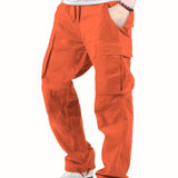 kkboxly  Men's Drawstring Multi-Pocket Heavyweight 100% Cotton Cargo Pants, Casual Pants, Straight Leg Pants, Men's Everyday, Outdoor Bottoms, Tactical Trousers