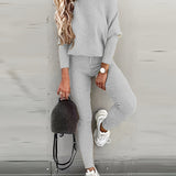 kkboxly Casual Solid Sports Two-piece Set, With Slanted Shoulder Long Sleeve Hoodies & Tied Striped Pants Set, Women's Clothing