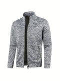 kkboxly  Warm Stand Collar Fleece Jacket, Men's Casual Comfortable Zip Up Zipper Pockets Knitted Cardigan For Fall Winter, Men's Bottoms