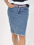 kkboxly  Blue Raw Hem Denim Skirt, Slim Fit High Waist Slash Pockets High Rise Short Denim Dress, Women's Denim Clothing