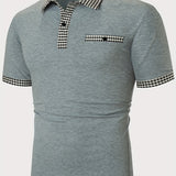 kkboxly  Casual Houndstooth Edge Slightly Stretch Button Up Short Sleeve Polo Shirt, Men's POLO For Summer